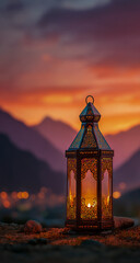 Fototapeta premium Ornate antique lantern glows with warm light against a dramatic mountain sunset sky