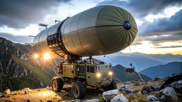 Futuristic exploration zeppelin perched atop a mountain peak at sunset creating a stunning and