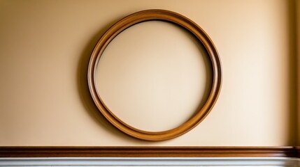 A wooden oval frame hangs on a wall