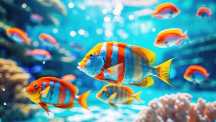 Fototapeta premium Colorful fish swimming underwater among coral and bubbles.