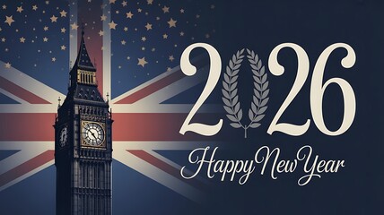 Elegant 2026 new year design showcasing big ben and the union jack, complemented by sparkling stars and the warm wish happy new year, creating a sophisticated and patriotic ambiance for the year ahead
