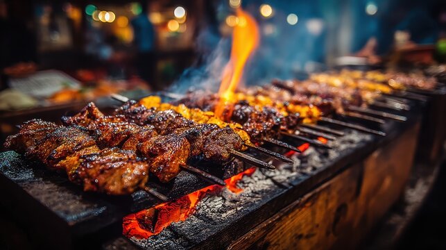 Traditional Peruvian anticuchos skewers grilling on open flame night street food market atmosphere authentic culinary culture