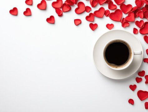 Overhead shot of a white cup of black coffee on a saucer, surrounded by small red heart shapes on a bright white background. Space for text