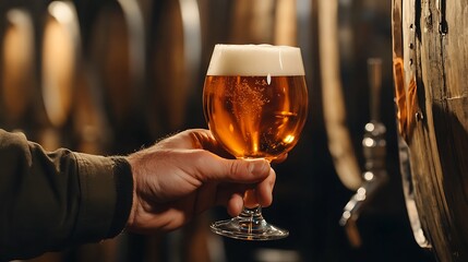Hand holding a glass of amber beer with frothy head in a cellar image photo