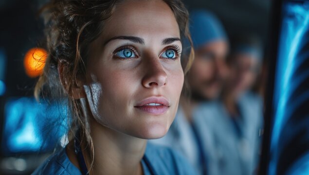 Medical professional focused on diagnostics in a dimly lit operating room, studying a digital image