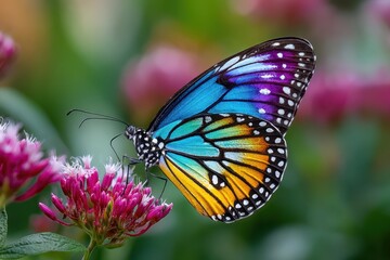 Naklejka premium Vivid Butterfly on Pink Flower in Green Garden