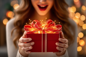 Excited woman holding glowing red gift box with ribbon at Christmas