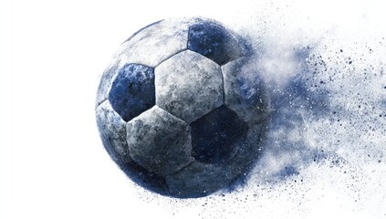 Fototapeta premium A weathered, blue and grey soccer ball disintegrating into dust against a stark white backdrop, capturing a sense of fleeting time and the end of a game or era