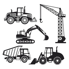 Collection of black silhouette construction vehicles including a crane excavator dump truck and loader on a white background