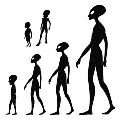 A group of black silhouettes of aliens of different sizes and ages walking in a line against a white background representing growth and diversity