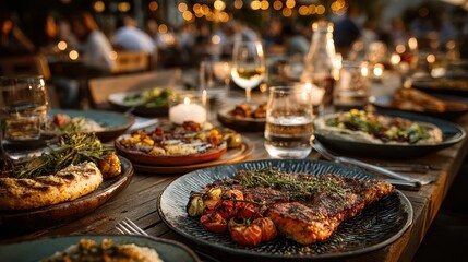 Obraz premium Turkish people sharing meze dishes at outdoor restaurant long table with grilled vegetables hummus and fresh salads golden hour lighting community dining concept