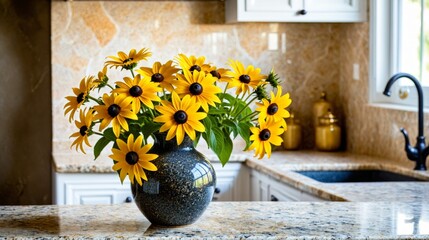 A vase of yellow flowers sits on a counter in a kitchen