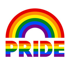 Rainbow shape with LGBT flag colors and striped PRIDE word on white background.Rainbow flag.Vector illustration.