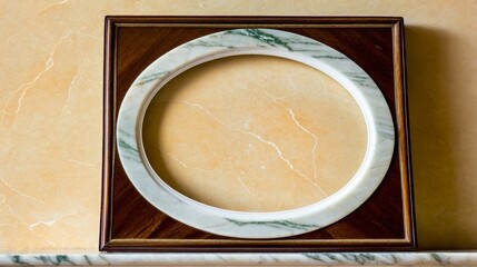 A wooden frame with a white marble border sits on a marble countertop