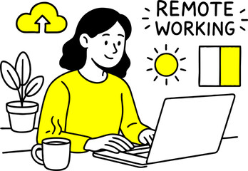 Work at home concept design.hand drawn style  Flat vector design. Freelance  Remote working working on laptop at house