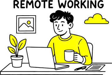 Work at home concept design.hand drawn style  Flat vector design. Freelance  Remote working working on laptop at house