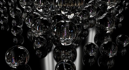 A cluster of transparent spheres reflecting a city skyline at night, creating a mesmerizing visual effect.