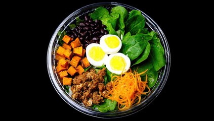Colorful vegetable and egg salad bowl with roasted sweet potato.