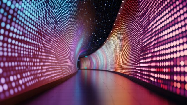 A Journey Through a Curving Tunnel of Vibrant, Pixelated LED Lights