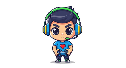 Cute cartoon boy gamer character with headphones and controller, wearing a heart shirt.