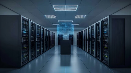 Modern Data Center with Server Racks and Central Display