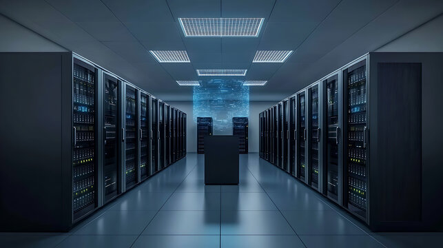 Modern Data Center with Server Racks and Central Display - Powered by Adobe