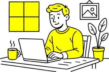 Work at home concept design.hand drawn style  Flat vector design. Freelance  Remote working working on laptop at house