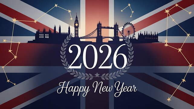 Happy new year 2026 in london with a silhouette of the city skyline featuring iconic landmarks like big ben and the tower bridge against the backdrop of the union jack flag with constellations