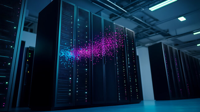 Data Center with Server Racks and Digital Particle Stream - Powered by Adobe