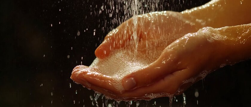 Fresh Sparkling Water Pouring into Cupped Hands, Illuminated by Dramatic Light