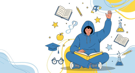 Obraz premium Illustrative student immersed in learning with books and scientific elements floating around him