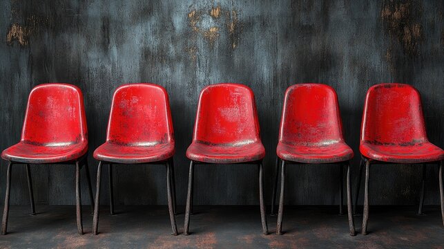 Striking Row of Five Worn Red Chairs Against a Dark, Textured Industrial Wall