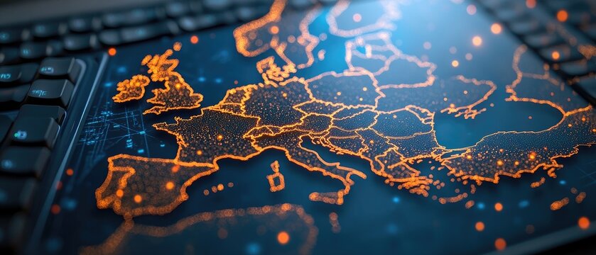 Digital Map of Europe with Glowing Data Network on Keyboard for Technology and Global Business
