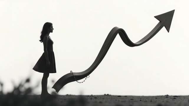 A woman stands in front of a large arrow