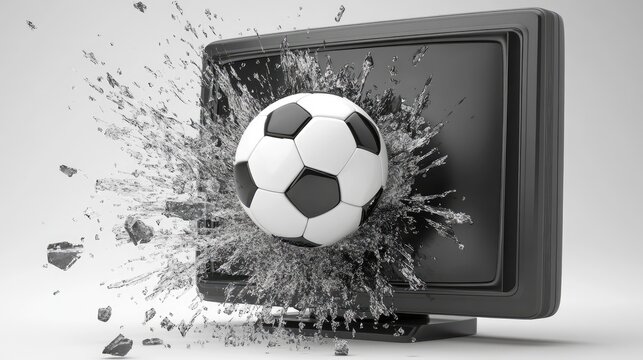 Football Breaking Through Television Screen with Shattered Glass