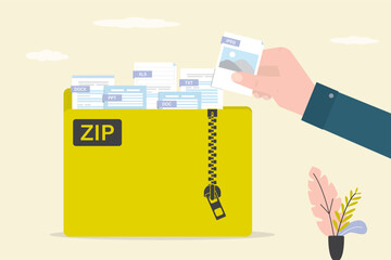 Yellow folder with zipper. User hand add new file or document in zip archive. Data storage, files manager. Database with various types of files. Information protection