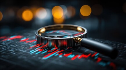 Magnifying glass over a financial graph with red and blue lines against a dark background