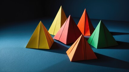 Colorful paper pyramids on a dark background arranged in a group.