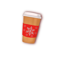 cartoon sticker-illustration with coffee cup to go decorated with snowflake on transparent background
