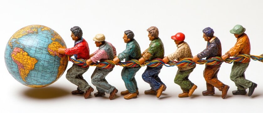 Miniature diverse figures pulling a world globe with colorful wires, symbolizing global teamwork and digital connectivity.