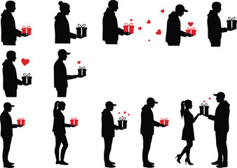 Couple gift giving silhouette, man and woman with present, love and romance, Valentine’s day celebration, red heart vector illustration