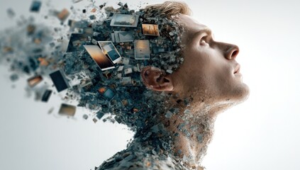 A man's head disintegrates, replaced by fragments of images, symbolizing thoughts and memories