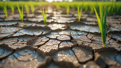 Dry, cracked soil with sprouting green plants, indicating drought conditions and early growth amidst arid land.