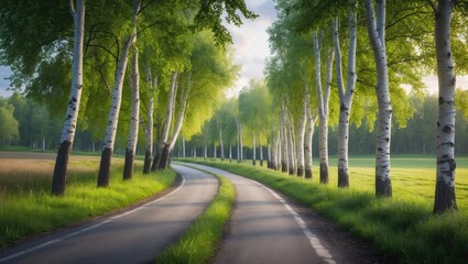 Obraz premium A winding road surrounded by birch trees with lush green foliage during daytime.