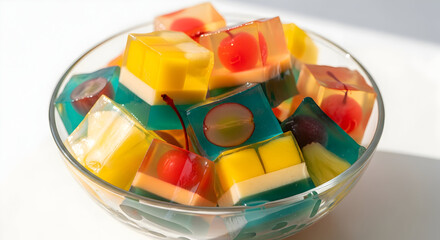 Colorful Fruit Jelly Cubes in Glass Bowl on White Background