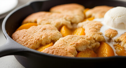 Warm Peach Cobbler with Melting Ice Cream in a Cast Iron Skillet