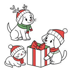 Jolly cartoon Santa Claus with a red hat and a long white beard carries a sack filled with colorful Christmas gifts