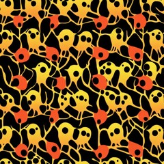 A black and orange patterned background with many small yellow and orange dots