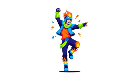 Energetic Cartoon Character with Bright Colors and Dynamic Pose.