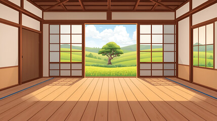 Room interior in traditional japanese house or hotel. Empty dojo or ryokan with wooden floor, paper walls and view to summer landscape with green fields and tree, vector cartoon illustration